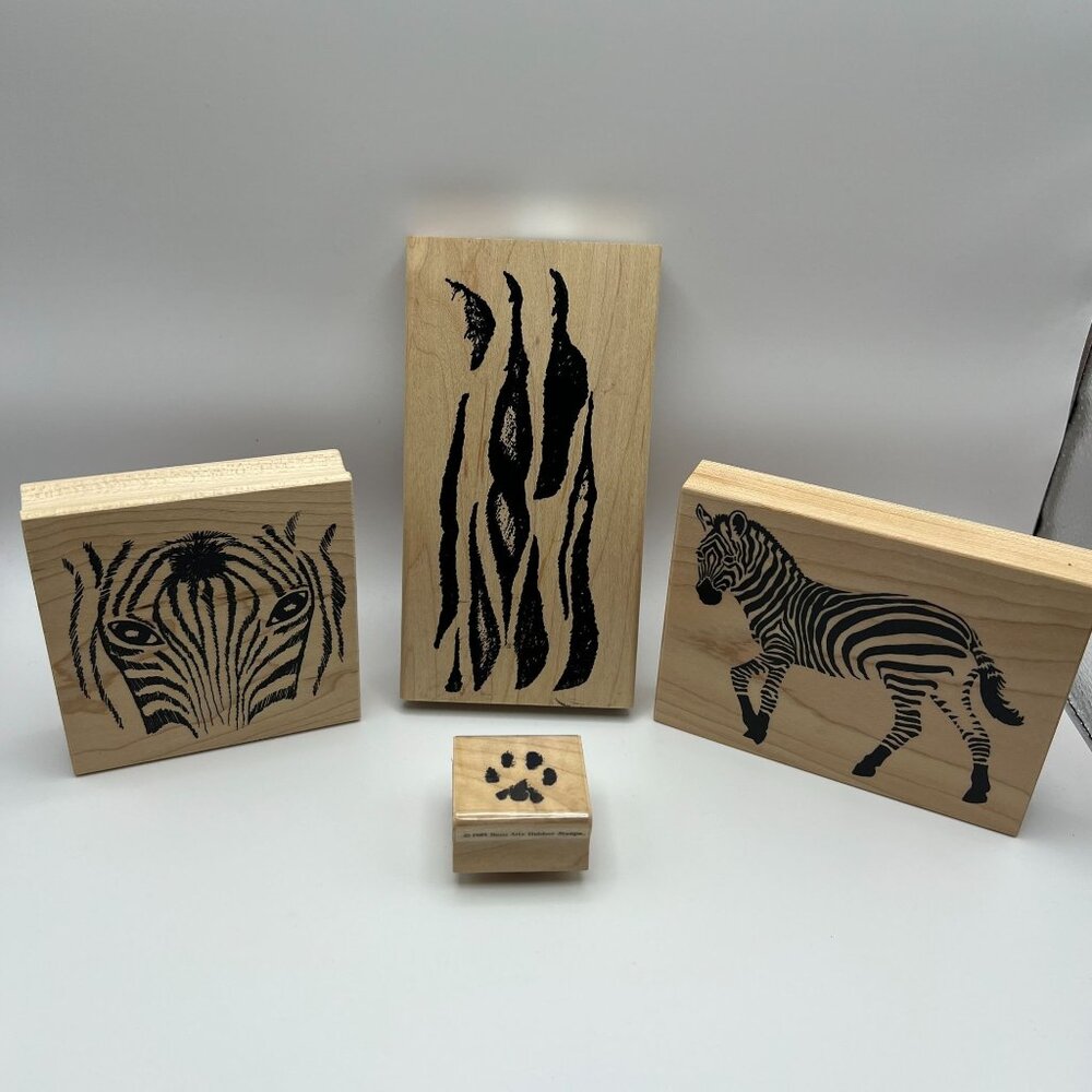Zebra & Animal Print Rubber Stamp Set - 4-Piece Wooden Stamps For Crafts & Scrap